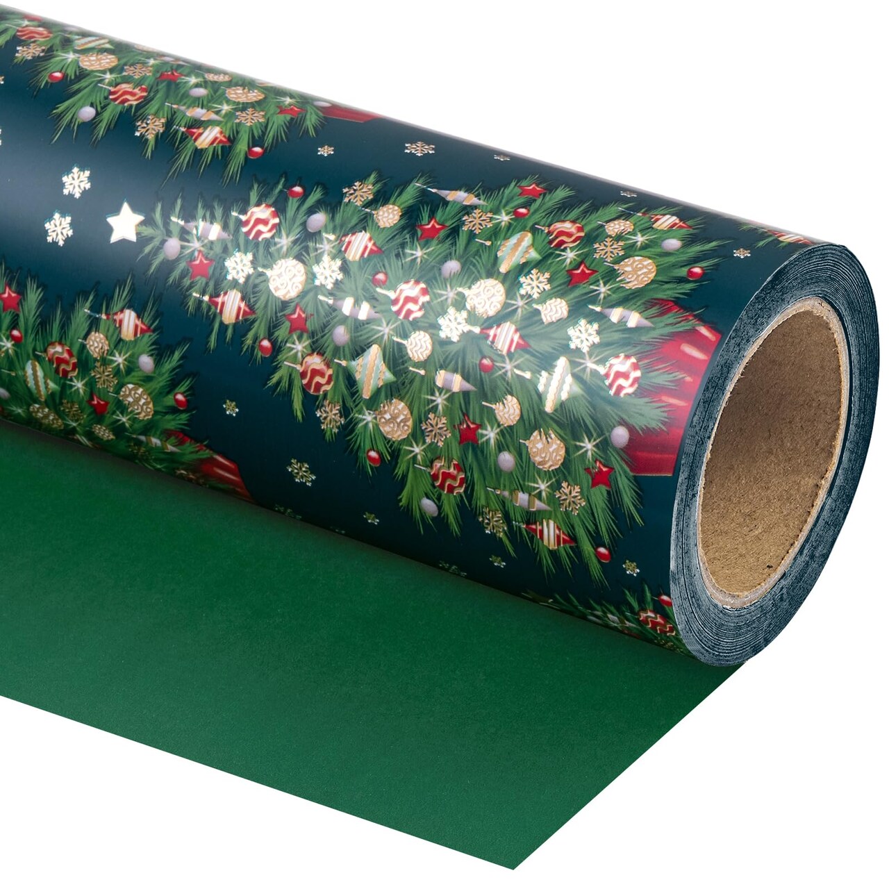 Reversible Green Christmas Wrapping Paper - Mini Roll - 17 Inch x 33 Feet - Green Christmas Tree Wrapping Paper for Holiday, Party Celebration
